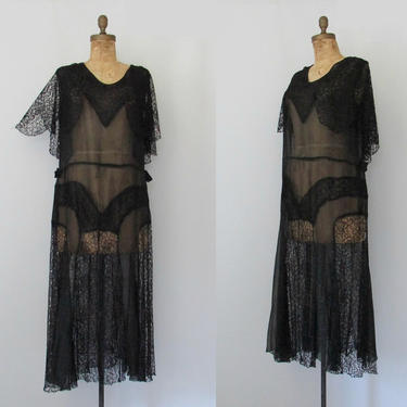 SHEER SPLENDOR Vintage 20s Dress | 1920s Black Crepe Silk Chiffon and Chantilly Lace Flapper Dress | Art Deco, Gatsby Picnic | Size Medium 