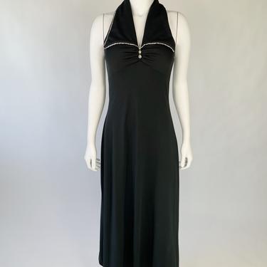 Black 70's Maxi Dress w/ Wide Rhinestone Collar