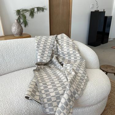 Vintage Cream Grey Patterned Throw Blanket | Cotton Blend Checkerboard Coverlet | 60" x 80" | BL042 