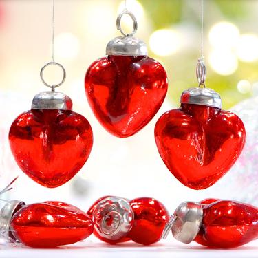 VINTAGE: 5pc Small Thick Mercury Glass Heart Ornaments - Mid Weight Kugel Style Ornaments - Red Heart Pendants - SKU 34 