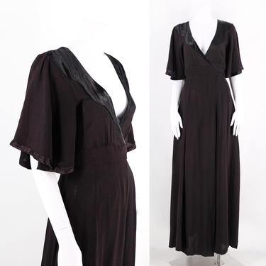 70s Ossie Clark moss crepe black butterfly sleeve wrap dress / 1970s Radley vintage maxi gown sz UK 10 - US 4 