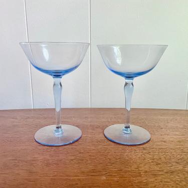 Vintage Blue Cocktail Wine Coupe Glasses; Depression Glass Style Design- Set of 2 