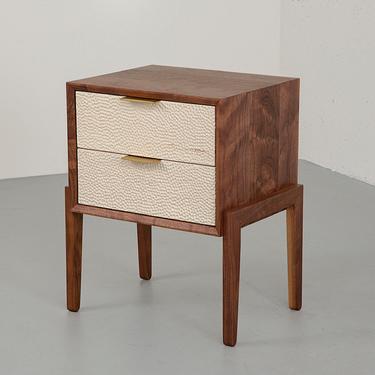 Walnut and Bleached Maple Nightstand, Mid Century Modern Bedside Table, Nightstands with Carved Drawers and Brass Pulls 
