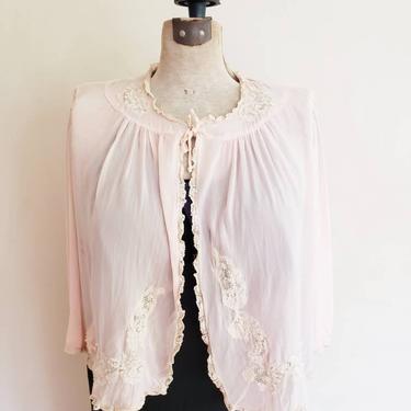 1930s Bed Jacket Pink Silk Chiffon Beige Lace Wonder Maid / 30s Lingerie Boudoir Jacket Lacy Layering Piece AS IS / Odette / M 
