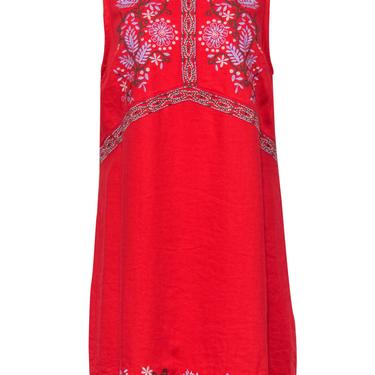 Anthropologie - Tomato Red Floral Embroidered Short Sleeve Shift Dress Sz 12