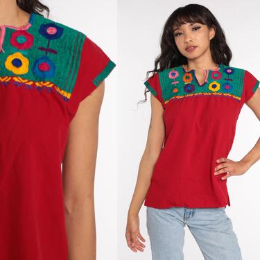 Mexican EMBROIDERED Blouse Hippie Top Floral Shirt Boho Shirt FESTIVAL Tunic Bohemian Vintage Retro Red Small 