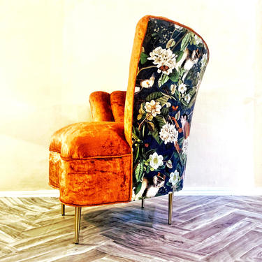 Custom Asymmetrical Velvet Fanback Chair in Burnt Orange 