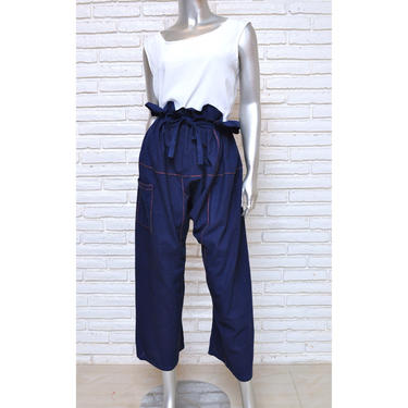 Vintage Navy Blue Linen Wide Leg Capri Pants OSFA Tie Waist Wrap Pants 