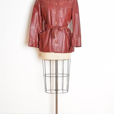 vintage 70s jacket burgundy leather pointy dagger collar belted coat disco M clothing 