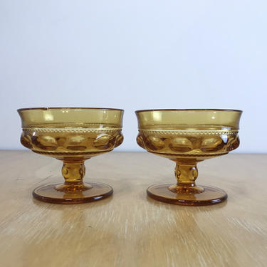 Amber Mid-Century Coupe Glasses, Set of 2 Footed Dessert Compotes, Indiana Glass King's Thumbprint Pattern 