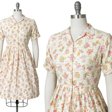Vintage 1950s Dress | 50s Floral Botanical Novelty Print Cotton Shirt Dress Cream Shirtwaist Day Dress (medium) 
