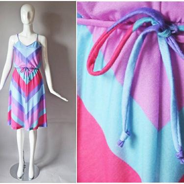 vtg 80s pink + purple + blue colorful rainbow striped sundress dress w/ matching belt | summer day dress 1980s 70s 