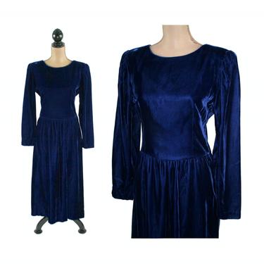 80s Blue Velvet Dress Medium, Long Sleeve Formal Maxi, Party Prom Tea Length Bridesmaid, 1980s Clothes Women, Vintage Clothing from Lanz 