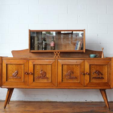 Italian Modern Teak Credenza with Floating Hutch and Carved Pictograms 