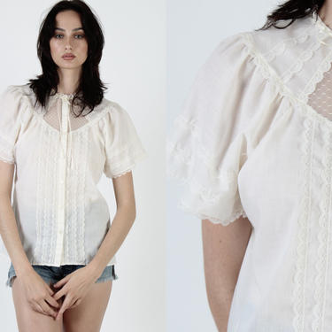 Simple Ivory Victorian Style Blouse / Off White Country Button Up Prairie Blouse / Womens Cap Sleeve Folk Porch Shirt 