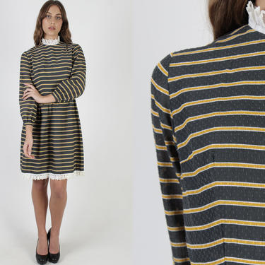 Vintage 60s Mod Striped Dress / Charcoal Grey Yellow Mustard Color / Floral Lace Swiss Dot Party Mini Dress 