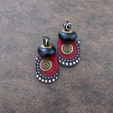 African print earrings, Ankara earrings, wooden earrings, bold statement earrings, Afrocentric earrings, red earrings, batik earrings 