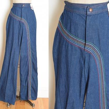 vintage 70s jeans denim RAINBOW embroidered high waist hippie bellbottom NOS XS S clothing 