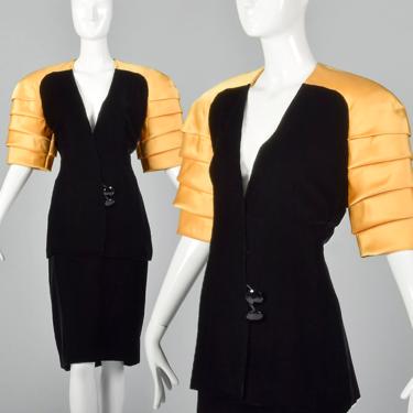 Medium 1980s Ingrid Luhn Black Velvet Skirt Suit Gold Shoulders Sexy Black Jacket Black Velvet Pencil Skirt 80s Vintage 