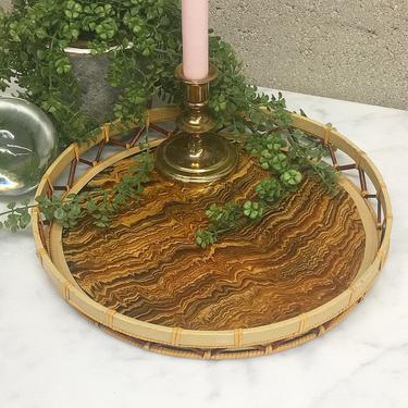 Vintage Tray Retro 1970s Bohemian + Round + Wood and Straw + Burl Wood Print + Brown and Tan + Serving + Boho + Home and Table Decor 