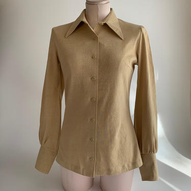 1960'S MOD Blouse - Solid Beige Double Knit - 100 % Cotton Jersey  - Made in Finland - Size Medium - NOS / Dead-Stock 