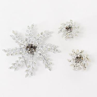 60s Rhinestone Snowflake Set | Rhinestone Flower Pin &amp; Earrings 