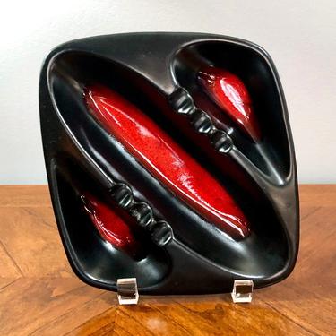 Vintage Black and Red, Fat Lava Mid Century Modern Ashtray - Atomic style, California Pottery, Coffee Table Decor, Spoon Rest, Coin Dish 