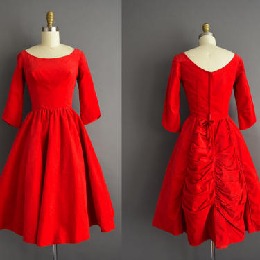 vintage 1950s | Gorgeous Lipstick Red Velvet Holiday Cocktail Party Full Skirt Dress | XS | 50s dress 