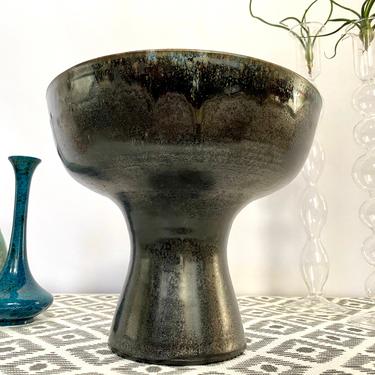 Mid Century Studio Pottery Pedestal Vase Artist Signed | MCM Studio Pottery | Black and Blue Glaze 