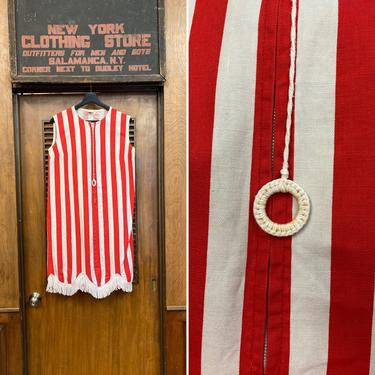 Vintage 1960’s Mod Laugh-In Circus Curtain Stripe Red White Dress, Vintage 1960’s Dress, Mod Dress, Tassel Hem 