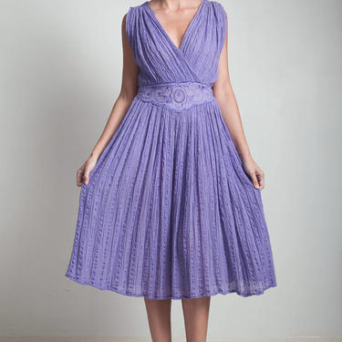 70s vintage purple dress crinkle gauzy cotton plunging v-neck smocked waist midi ONE SIZE S M L small medium large 