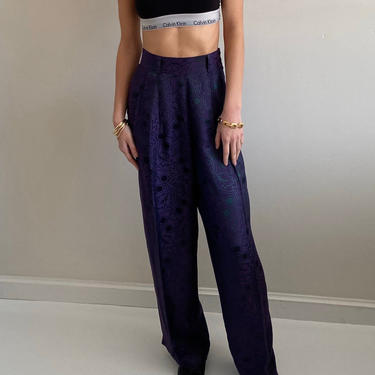 80s baroque pants trousers / vintage plum + forest damask silky high waisted pleated wide leg trousers pants | 29 W 