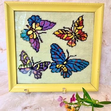 Bright Butterflies Needlepoint Decor, Wall Hanging, Framed Butterfly Decor, Hand Stitched, Artisan Made, Vintage 70s Home 