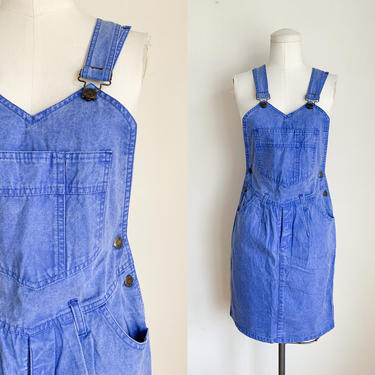 Vintage 1980s Chambray Denim Overalls Dress / S 