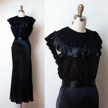 1930s Black Ruffled Satin Bias Cut Gown 