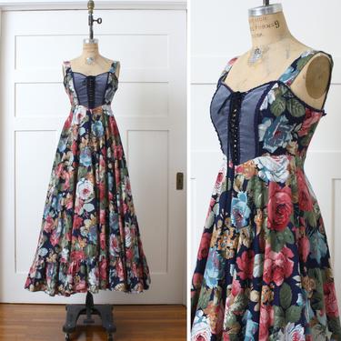 vintage blue floral Gunne Sax dress • 1970s full length cabbage rose prairie maxi dress • sundress with corset front 