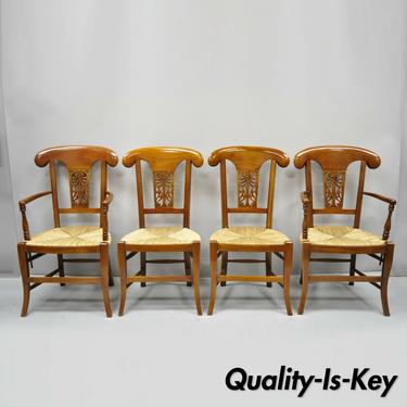 Set of 4 Country French Provincial Carved Cherry Wood Rush Seat Dining Chairs
