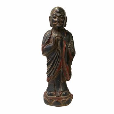 Chinese Distressed Black Brown Lacquer Wood Standing Monk Lohon Figure ws1522E 