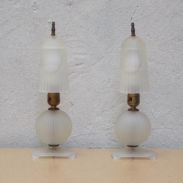 Pair Small Frosted White Glass Deco Boudoir Lamps, Vintage Dresser Lamps 