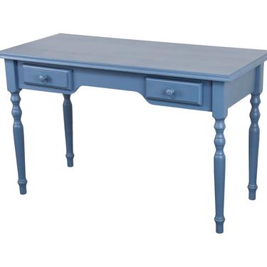 Vintage French Country Pine Hand Painted Coastal Blue Writing Desk W/ Two Drawers 