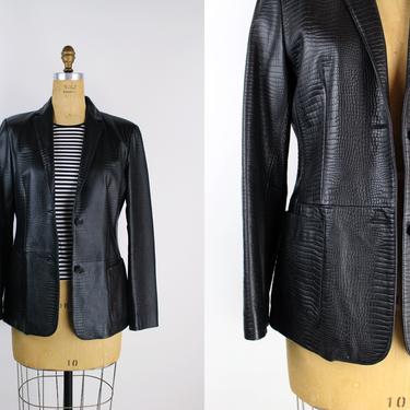 90s Ralph Lauren Black Leather Jacket / Black Leather Blazer / Textured Leather Jacket / Size S/M 