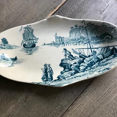 French Faïence Serving Dish, Small, Nautical Scene , Stoneware Plate, Blue Transferware, French Farmhouse Cuisine, 