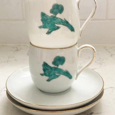 One Set of Vintage Hand Painted Blue Dragon Transparent Porcelain Tea or Coffee Cup with Saucer. by LeChalet