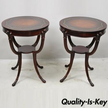French Hollywood Regency Grosfeld House Plume Carved Leather End Tables - a Pair