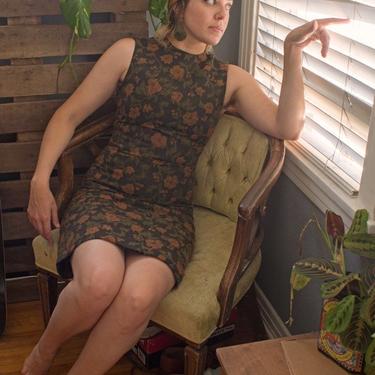 Floral tapestry dress in earthy tones 
