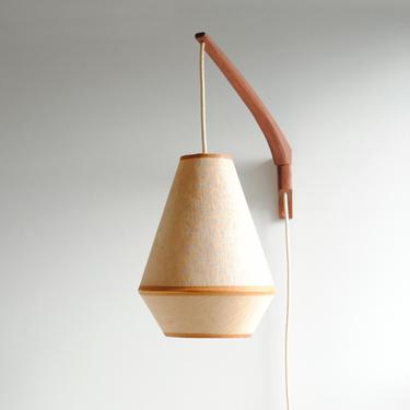 Mid Century Teak Wall Sconce with Hanging Woven Shade, Danish Modern Wall Mounted Arm Lamp, 1960s Teak Wooden Sconce Light, Fishing Rod Lamp 