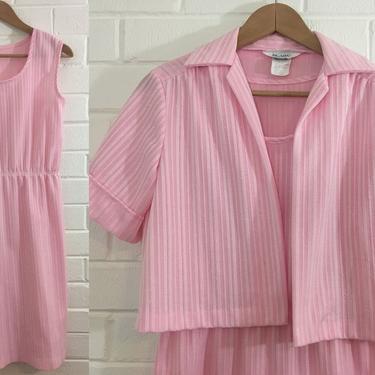 Vintage Mod Shift Dress Matching Jacket 60s Powder Pink White Blair Knit 1960s Summer Sleeveless Short Sleeve Twiggy Women's Small Medium 