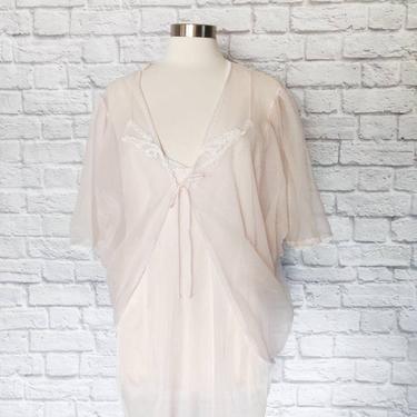 Vintage 80s Sheer Pink Nightgown and Pegnoir Set 