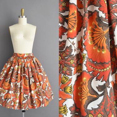 1950s vintage Skirt | Colorful Orange Floral Print Sweeping Full Skirt Cotton Skirt | XS Small | 50s Skirt 