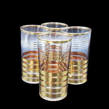 FREE SHIPPING! Vintage Crystal &amp; Gold Striped Highball Glasses | Set of 4 Clear Glass Tumblers | MCM Glassware Drinkware Barware 
